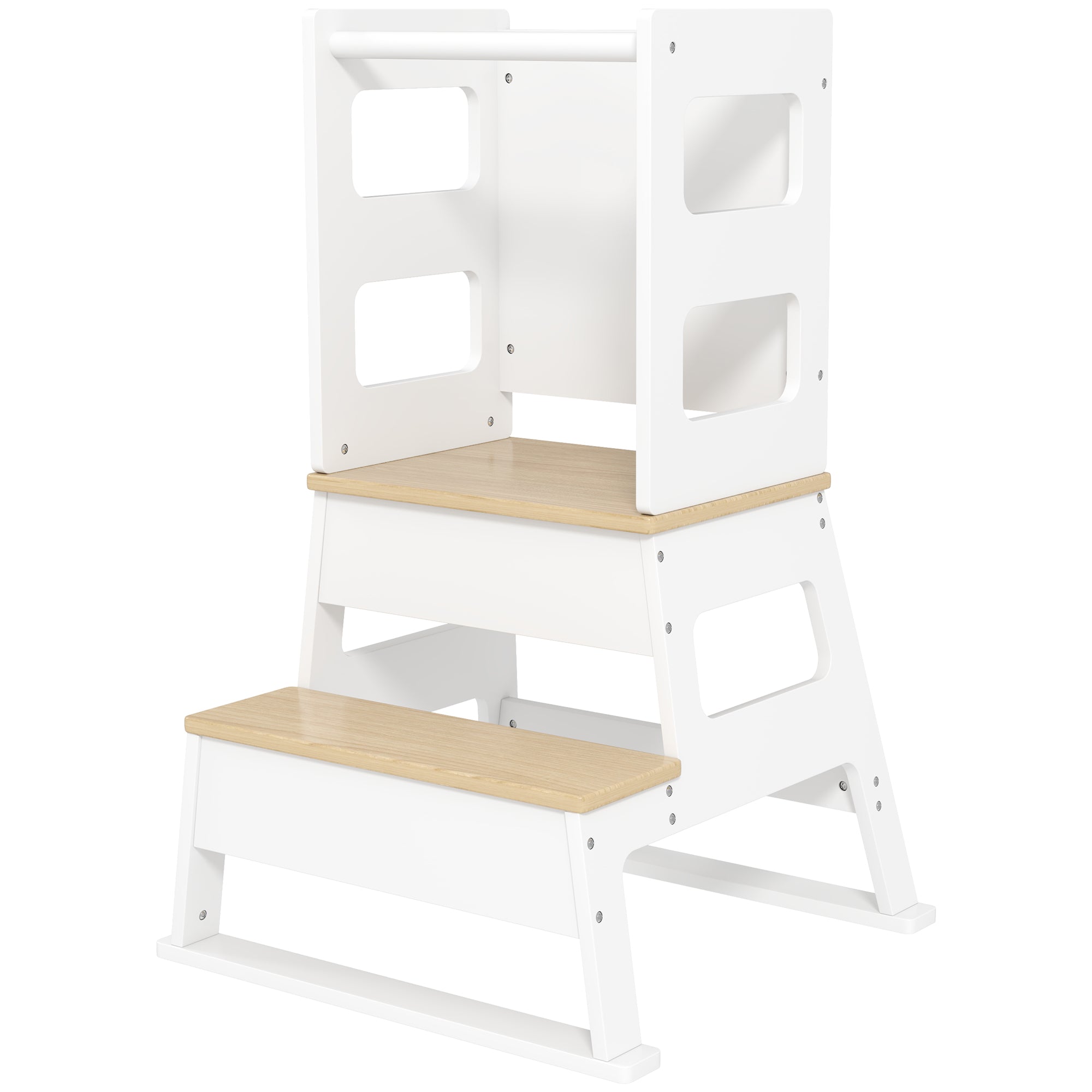 Children's Observation Tower, Children's Learning Tower, Trapezoidal Structure, 2-in-1 Design with Blackboard, Safety Bar, for Children 3-6 Years Old, White