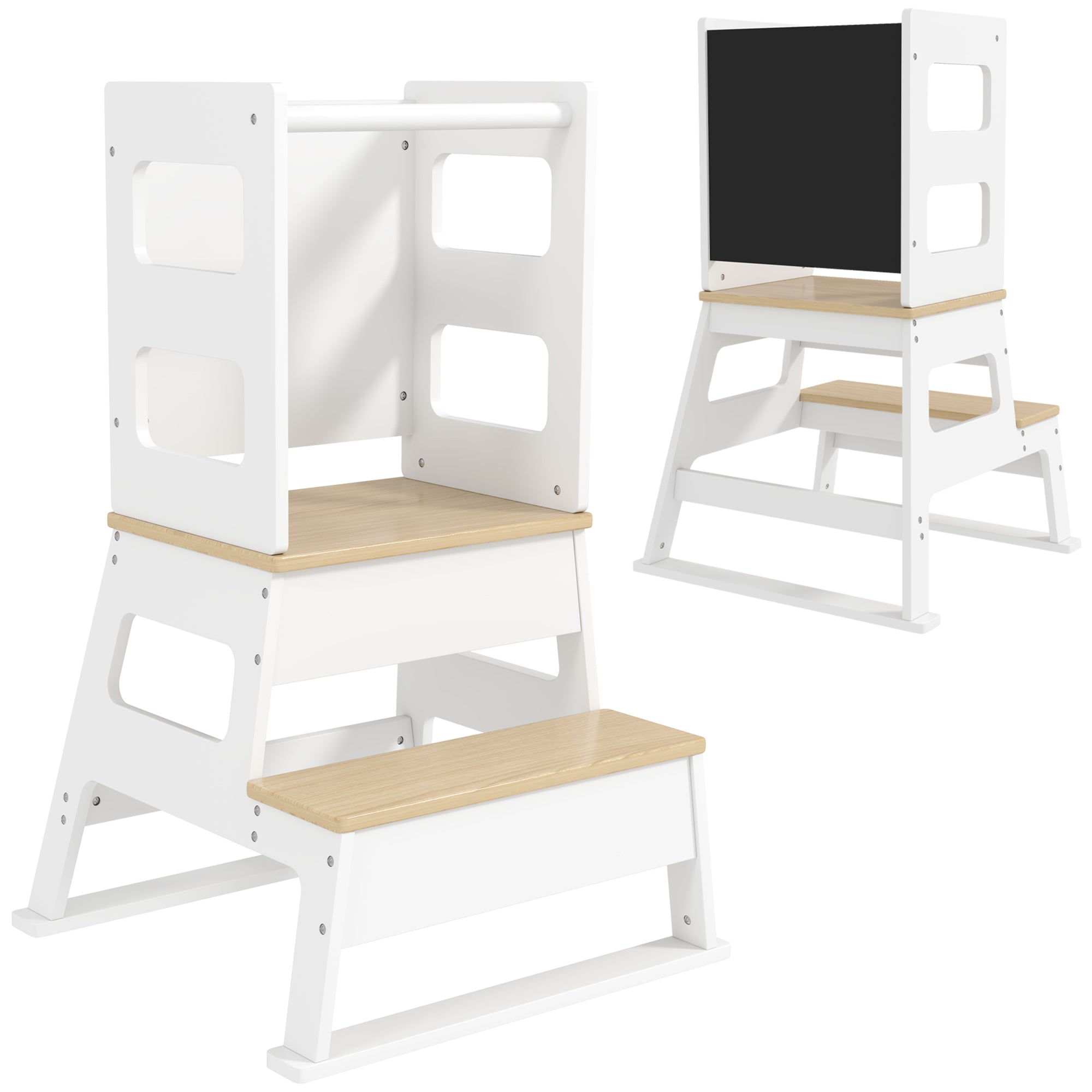 Children's Observation Tower, Children's Learning Tower, Trapezoidal Structure, 2-in-1 Design with Blackboard, Safety Bar, for Children 3-6 Years Old, White