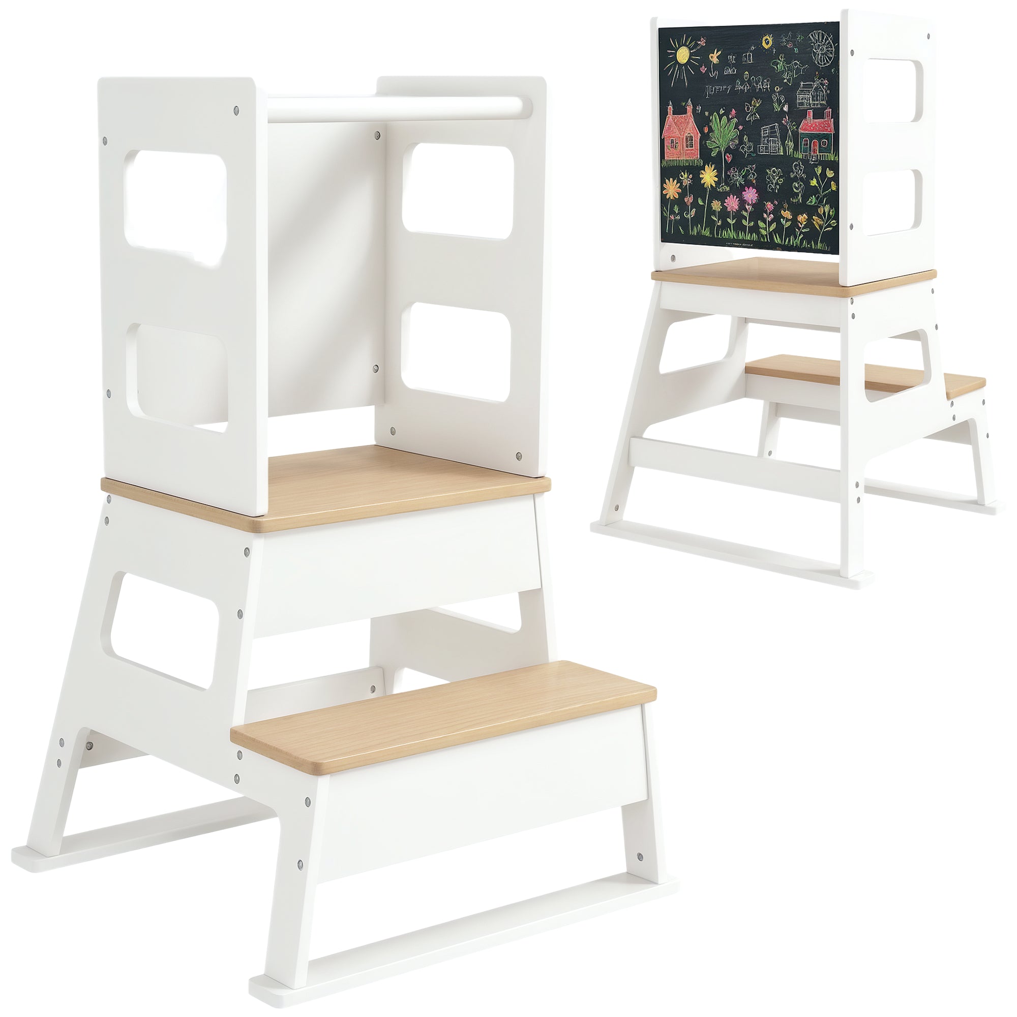 Children's Observation Tower, Children's Learning Tower, Trapezoidal Structure, 2-in-1 Design with Blackboard, Safety Bar, for Children 3-6 Years Old, White