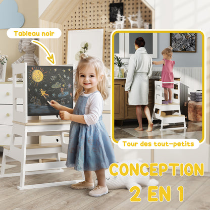 Children's Observation Tower, Children's Learning Tower, Trapezoidal Structure, 2-in-1 Design with Blackboard, Safety Bar, for Children 3-6 Years Old, White