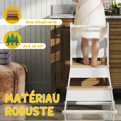 Children's Observation Tower, Children's Learning Tower, Trapezoidal Structure, 2-in-1 Design with Blackboard, Safety Bar, for Children 3-6 Years Old, White