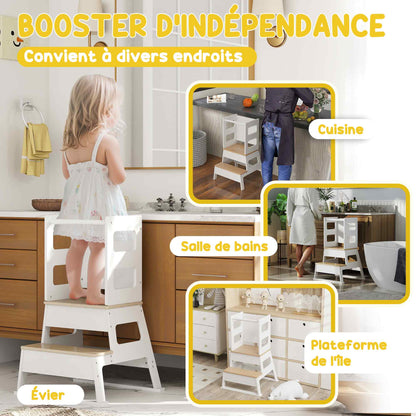 Children's Observation Tower, Children's Learning Tower, Trapezoidal Structure, 2-in-1 Design with Blackboard, Safety Bar, for Children 3-6 Years Old, White