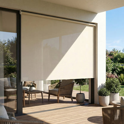 Outdoor Roller Blind 2.4 x 1.6 m — Blackout Retractable Privacy Shade, Waterproof, Aluminum Frame & 180 g/m² Polyester UPF30+, Cream