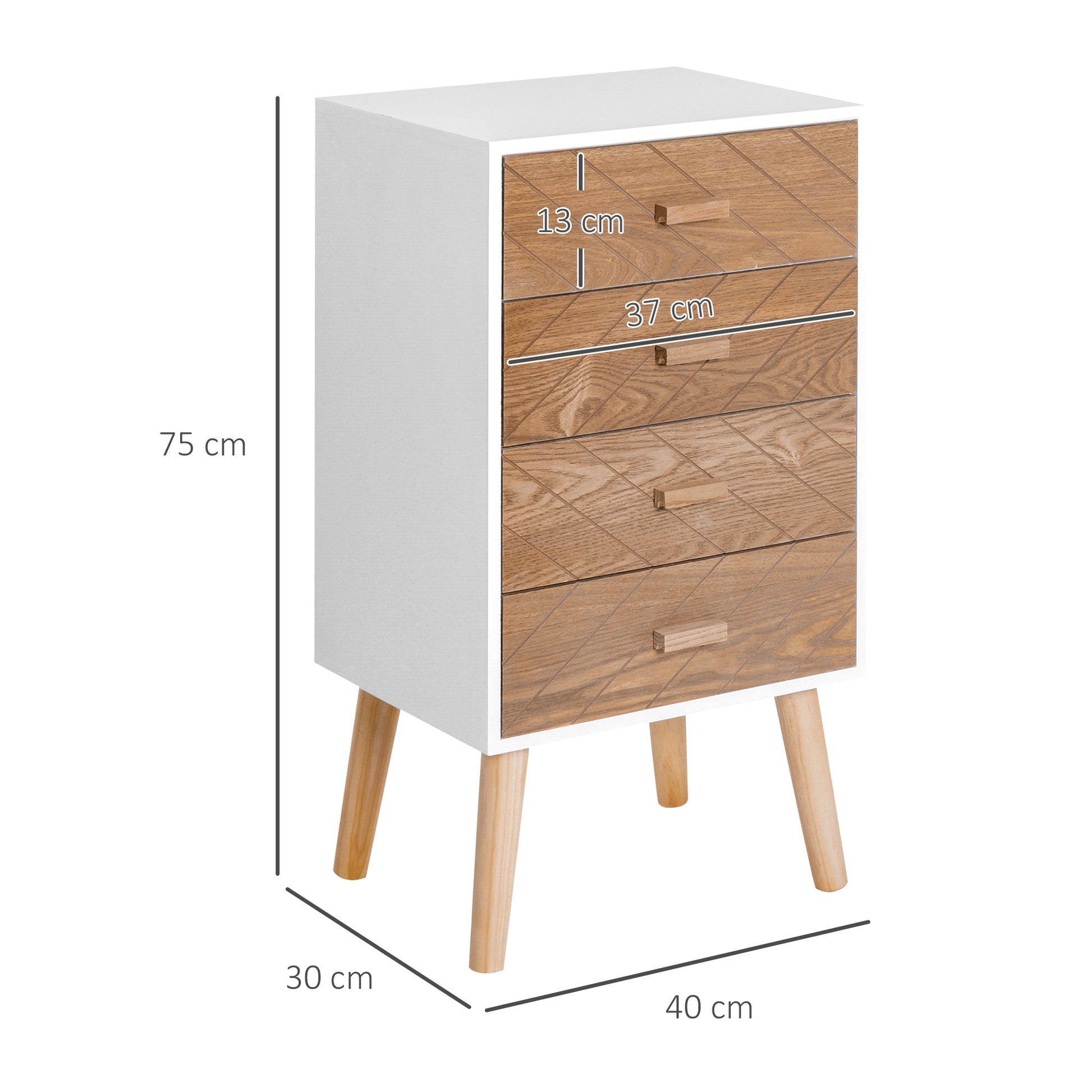 Chest of Drawers with 4 Drawers Bedroom Chest of Drawers Bedside Table with Raised Legs for Living Room 40x30x75 cm White and Natural