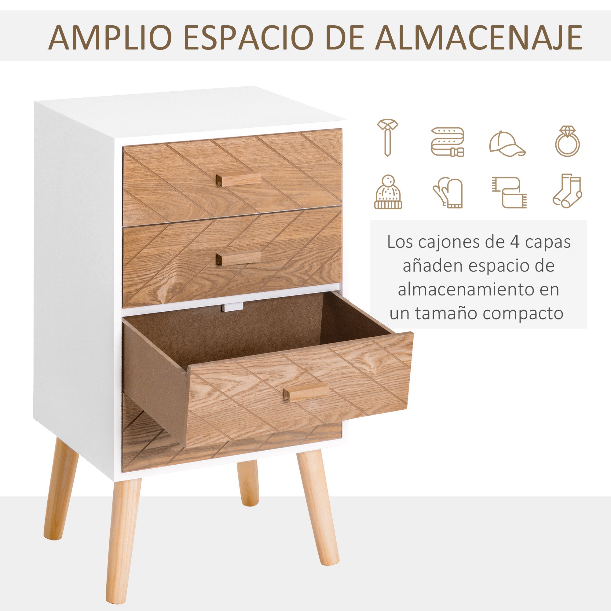 Chest of Drawers with 4 Drawers Bedroom Chest of Drawers Bedside Table with Raised Legs for Living Room 40x30x75 cm White and Natural