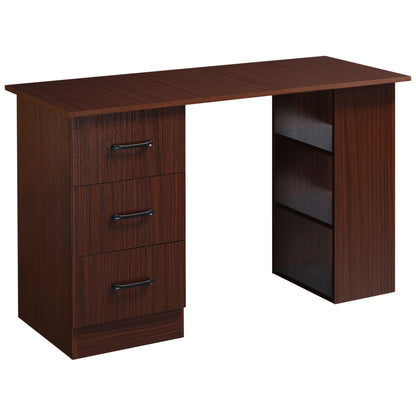 Office Desk with 3 Reversible Drawers and 3 Shelves, 120cm Wooden Desk for Bedroom, Walnut Color