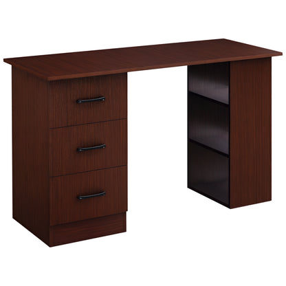 Office Desk with 3 Reversible Drawers and 3 Shelves, 120cm Wooden Desk for Bedroom, Walnut Color