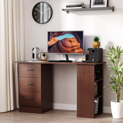 Office Desk with 3 Reversible Drawers and 3 Shelves, 120cm Wooden Desk for Bedroom, Walnut Color