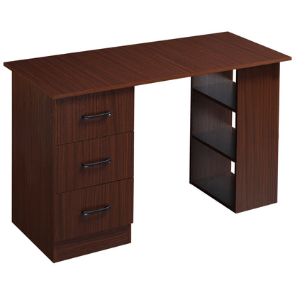 Office Desk with 3 Reversible Drawers and 3 Shelves, 120cm Wooden Desk for Bedroom, Walnut Color