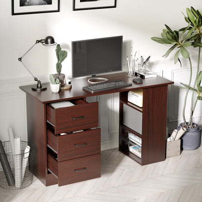 Office Desk with 3 Reversible Drawers and 3 Shelves, 120cm Wooden Desk for Bedroom, Walnut Color