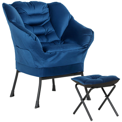 Living Room Chair with Footstool Relax Armchair for Bedroom with Side Pockets and Steel Legs for Dark Blue Living Room