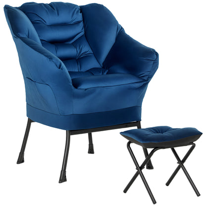 Living Room Chair with Footstool Relax Armchair for Bedroom with Side Pockets and Steel Legs for Dark Blue Living Room