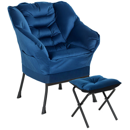 Living Room Chair with Footstool Relax Armchair for Bedroom with Side Pockets and Steel Legs for Dark Blue Living Room