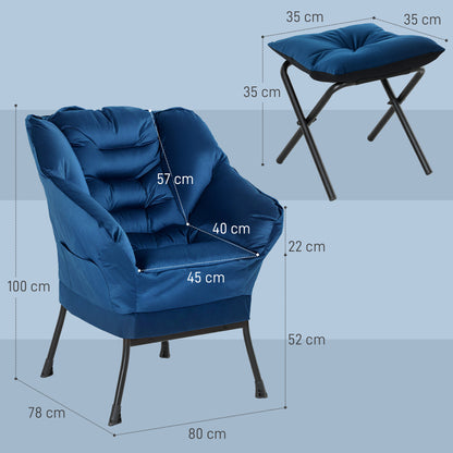 Living Room Chair with Footstool Relax Armchair for Bedroom with Side Pockets and Steel Legs for Dark Blue Living Room