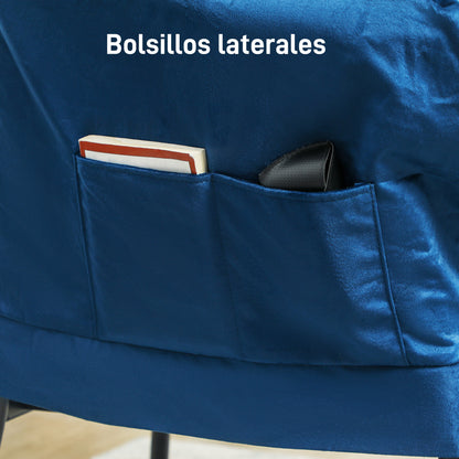 Living Room Chair with Footstool Relax Armchair for Bedroom with Side Pockets and Steel Legs for Dark Blue Living Room