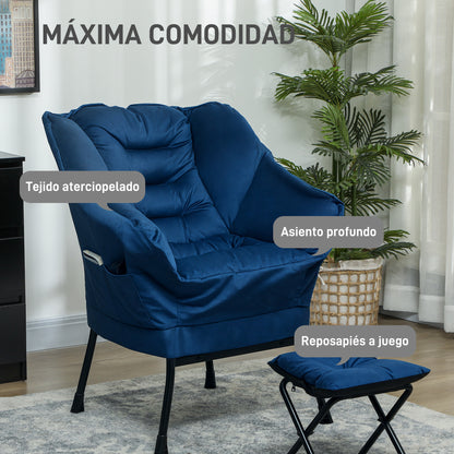 Living Room Chair with Footstool Relax Armchair for Bedroom with Side Pockets and Steel Legs for Dark Blue Living Room
