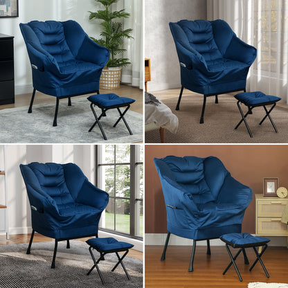 Living Room Chair with Footstool Relax Armchair for Bedroom with Side Pockets and Steel Legs for Dark Blue Living Room