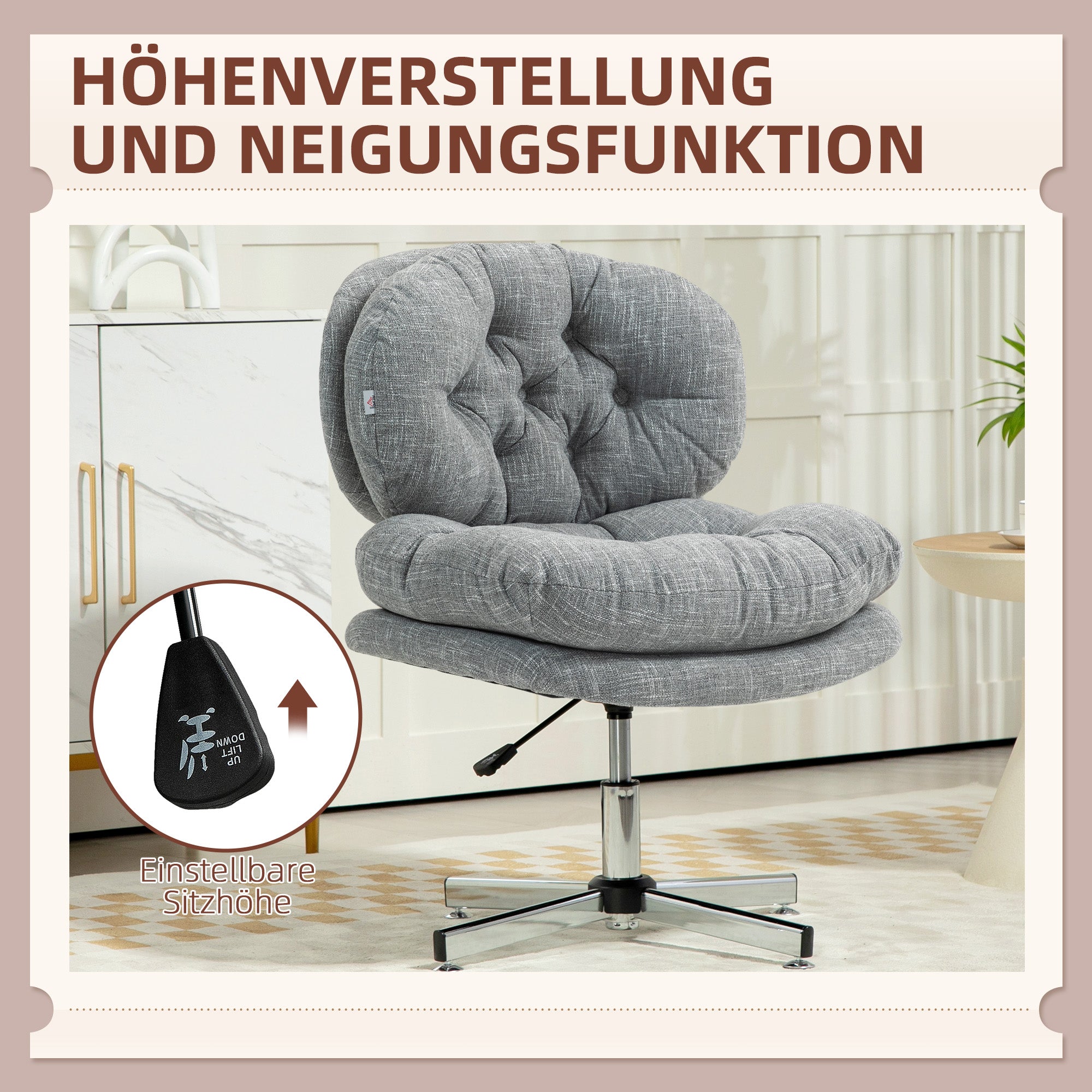 Office Chair without Armrests, Desk Chair with Wide Seat, Ergonomically Adjustable Swivel Chair with Linen Look, Tailored Seat Chair for Home Office, Gray