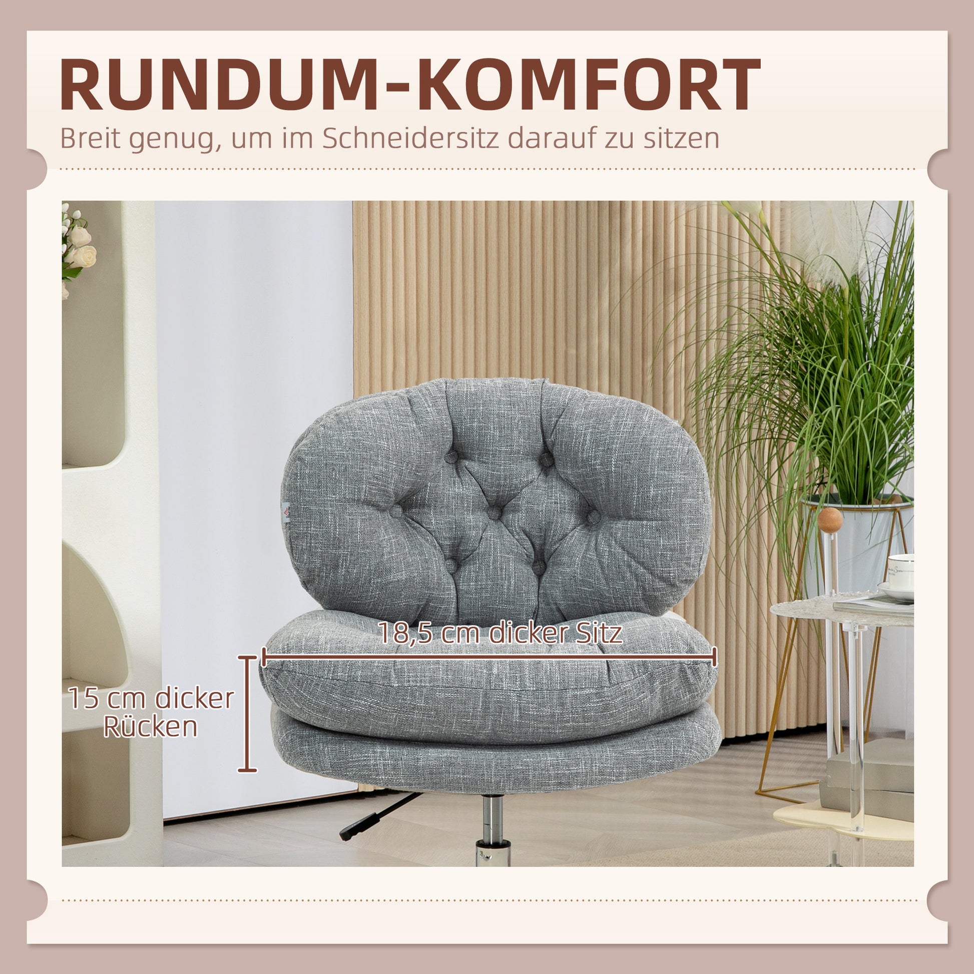 Office Chair without Armrests, Desk Chair with Wide Seat, Ergonomically Adjustable Swivel Chair with Linen Look, Tailored Seat Chair for Home Office, Gray