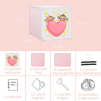 Modular Shoe Rack Modular Wardrobe Shoe Rack with Animal Designs for Indoors, 8 Cubes 35x45x35cm in PP Plastic and Steel, 74x47x144cm, Pink