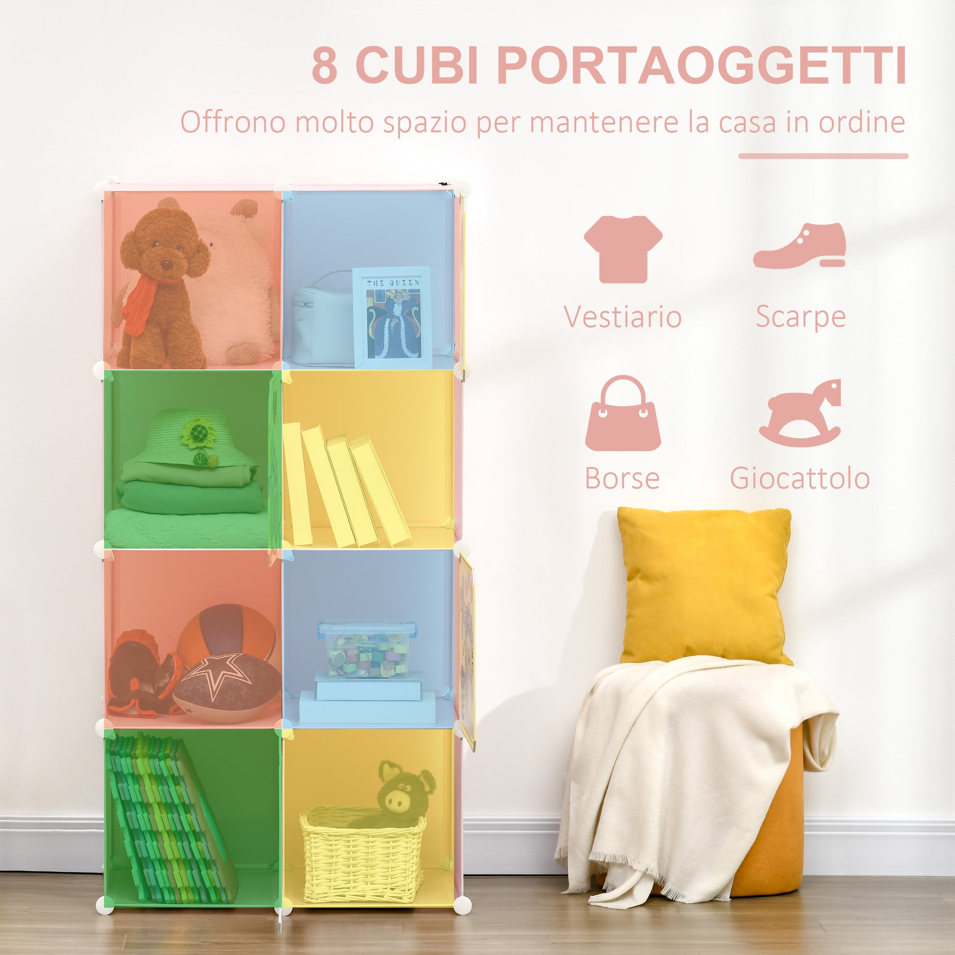 Modular Shoe Rack Modular Wardrobe Shoe Rack with Animal Designs for Indoors, 8 Cubes 35x45x35cm in PP Plastic and Steel, 74x47x144cm, Pink