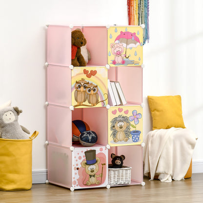 Modular Shoe Rack Modular Wardrobe Shoe Rack with Animal Designs for Indoors, 8 Cubes 35x45x35cm in PP Plastic and Steel, 74x47x144cm, Pink