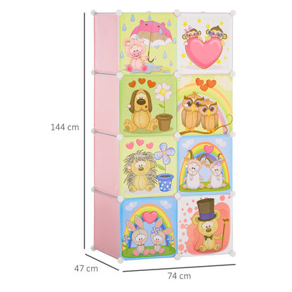 Modular Shoe Rack Modular Wardrobe Shoe Rack with Animal Designs for Indoors, 8 Cubes 35x45x35cm in PP Plastic and Steel, 74x47x144cm, Pink