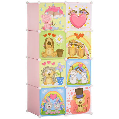 Modular Shoe Rack Modular Wardrobe Shoe Rack with Animal Designs for Indoors, 8 Cubes 35x45x35cm in PP Plastic and Steel, 74x47x144cm, Pink