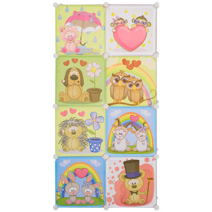 Modular Shoe Rack Modular Wardrobe Shoe Rack with Animal Designs for Indoors, 8 Cubes 35x45x35cm in PP Plastic and Steel, 74x47x144cm, Pink