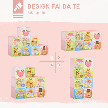 Modular Shoe Rack Modular Wardrobe Shoe Rack with Animal Designs for Indoors, 8 Cubes 35x45x35cm in PP Plastic and Steel, 74x47x144cm, Pink