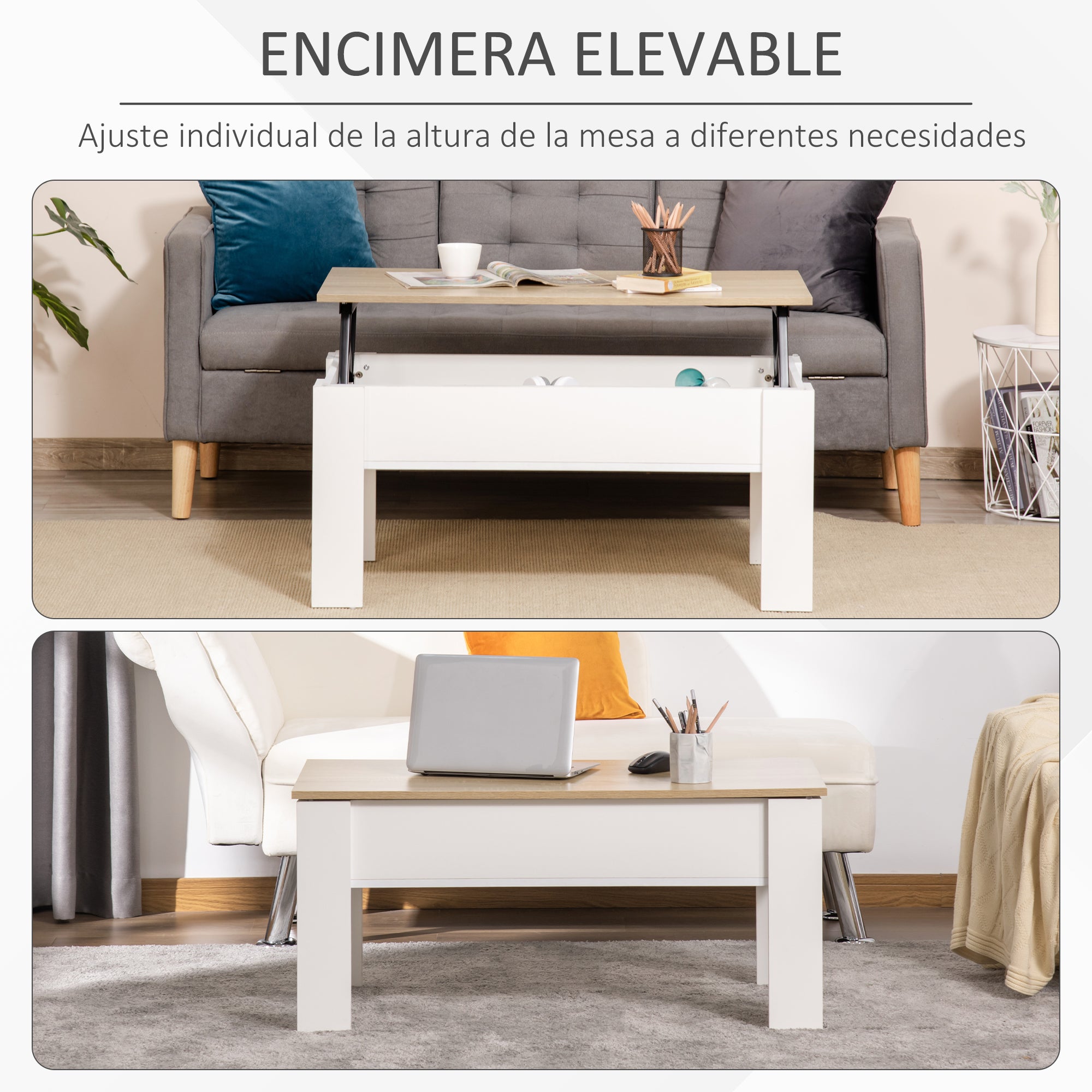 Lift-Top Coffee Table with Lift-Up Tabletop Hidden Storage Space 100x50x45-58.5 cm White and Natural