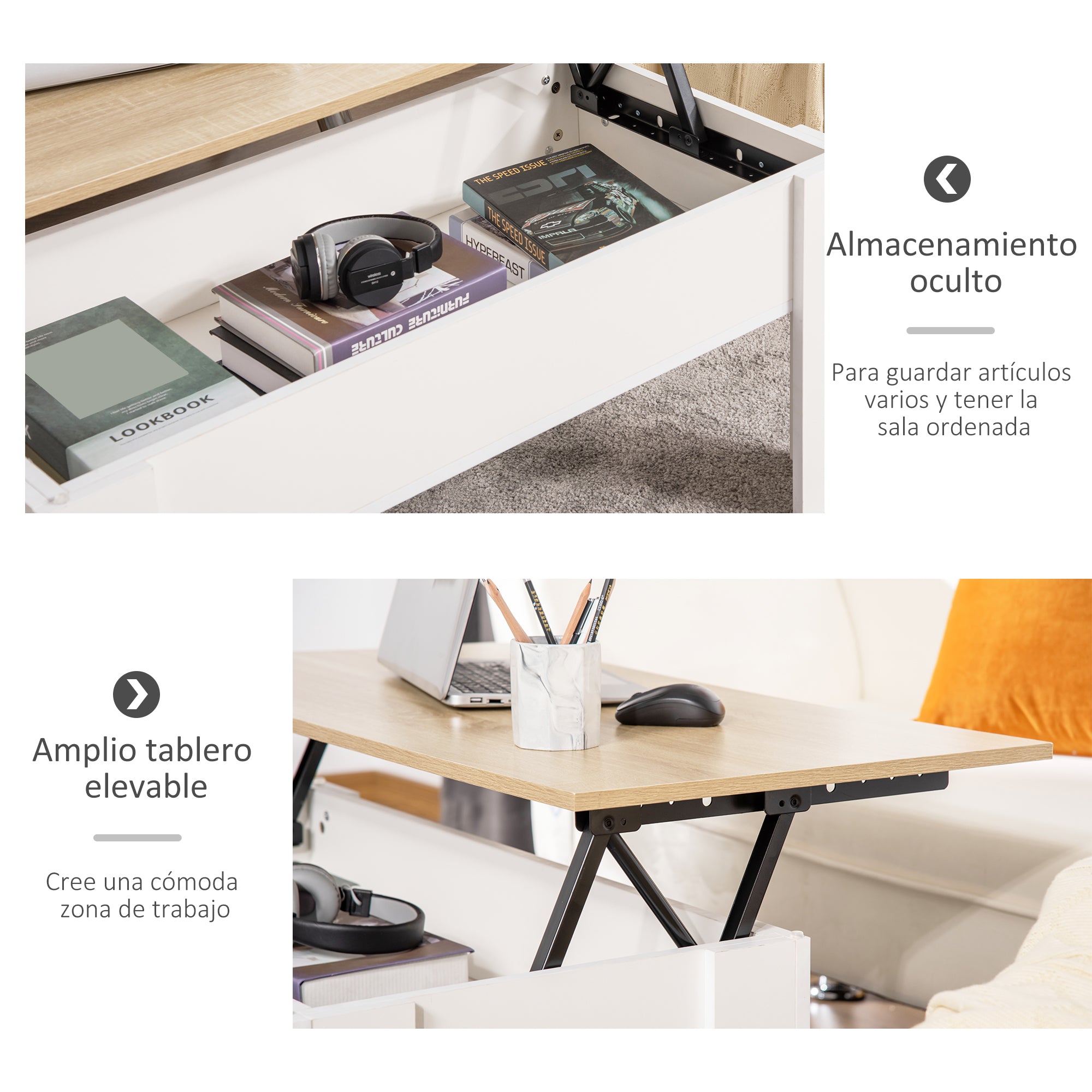 Lift-Top Coffee Table with Lift-Up Tabletop Hidden Storage Space 100x50x45-58.5 cm White and Natural