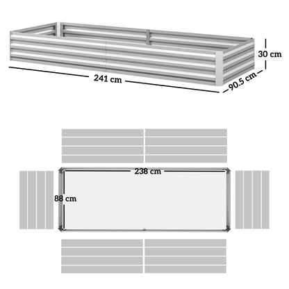 Outdoor Raised Garden Bed, Galvanized Steel Planter for Flowers and Vegetables, for Garden and Balcony, 241x90.5x30 cm, Silver