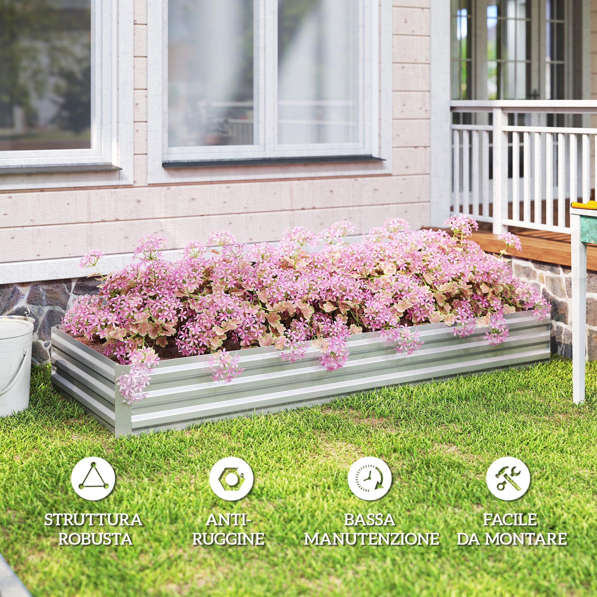 Outdoor Raised Garden Bed, Galvanized Steel Planter for Flowers and Vegetables, for Garden and Balcony, 241x90.5x30 cm, Silver