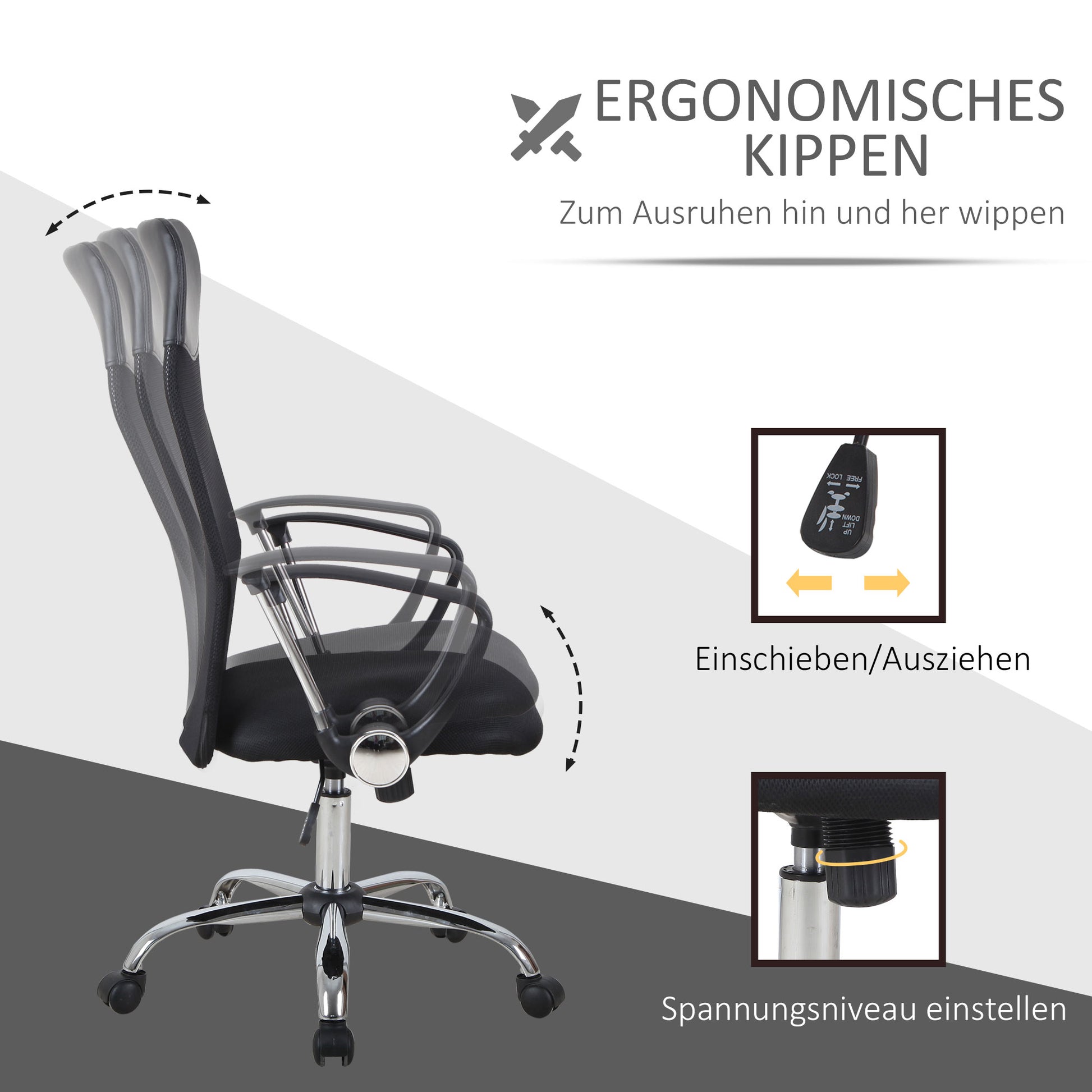 Ergonomic Office Chair, Gaming Chair, Swivel Chair with Rocking Function, Height Adjustable Desk Chair, Foam, Mesh, Black, 63 x 65 x 109-119 cm