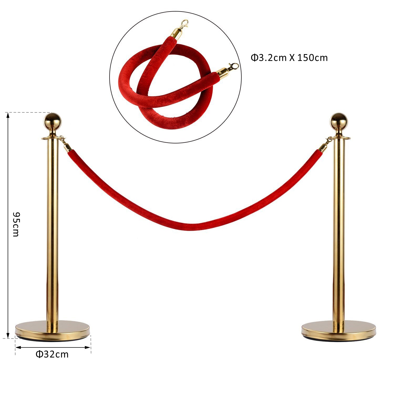 Queue Barrier Posts with Red Flannel Ropes Stainless Steel Ф32 x 95CM Gold
