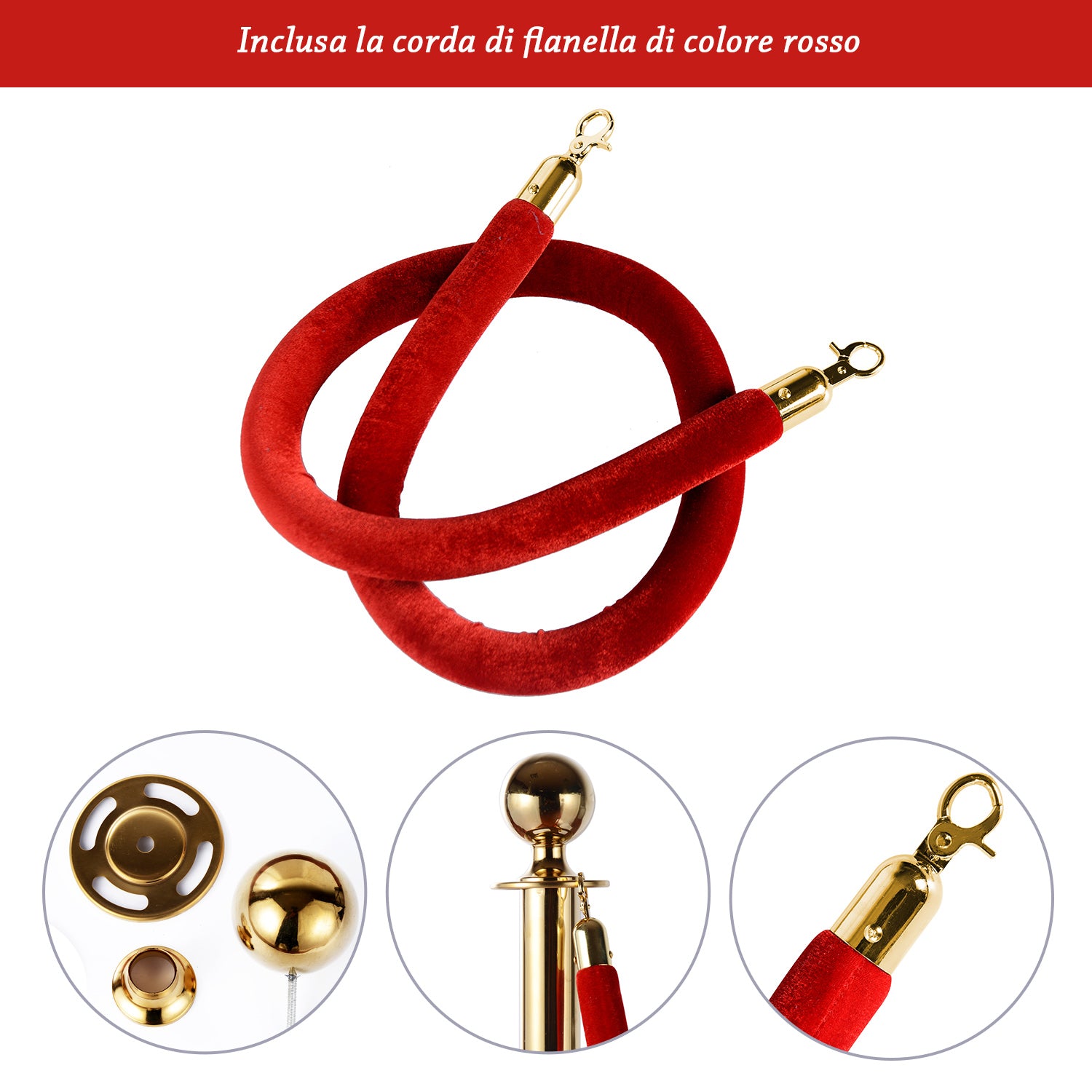 Queue Barrier Posts with Red Flannel Ropes Stainless Steel Ф32 x 95CM Gold