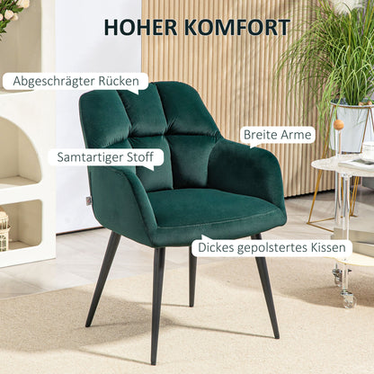 Armchair Lounge Chair with Armrest, Velvet Look, Upholstered Recliner with Steel Legs, Dining Chair for Living Room, Bedroom, Dark Green