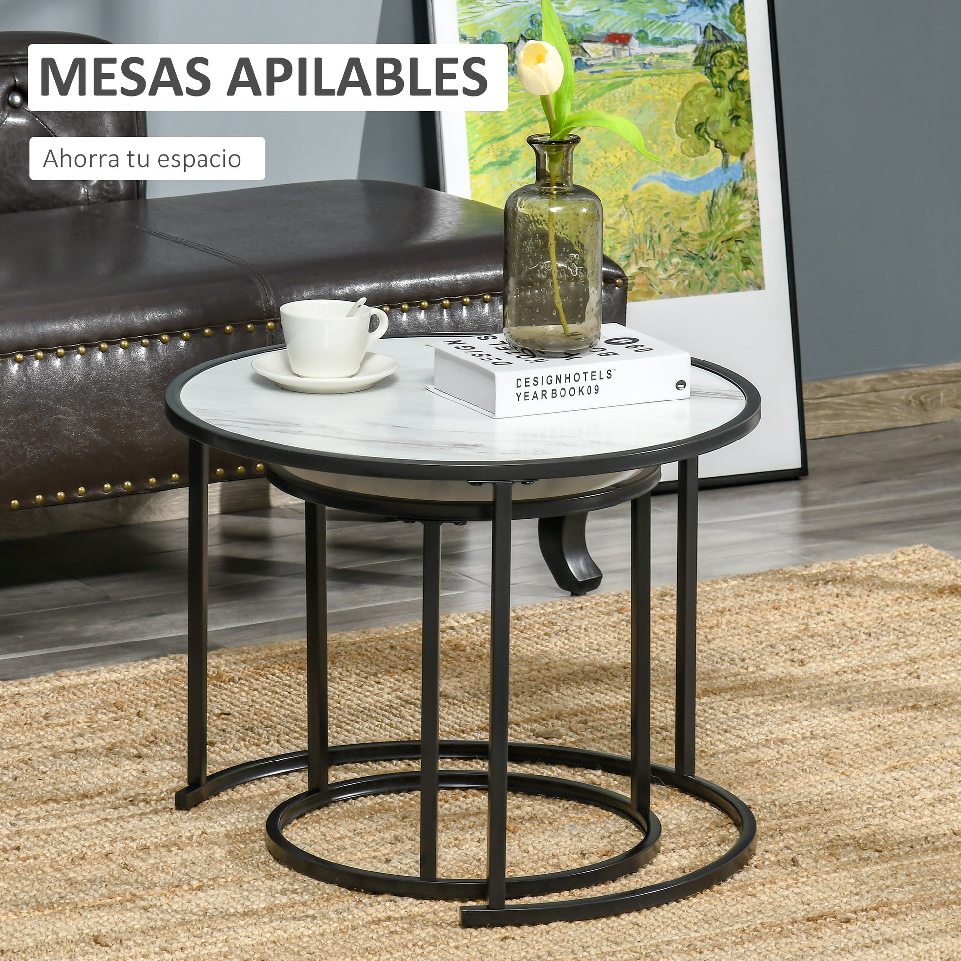 Set of 2 Stackable Round Side Tables Modern Nesting Tables with Faux Marble Top and Steel Frame Ø60x46 cm and Ø40x40 cm White