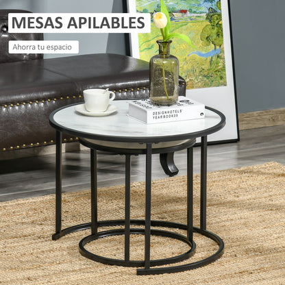 Set of 2 Stackable Round Side Tables Modern Nesting Tables with Faux Marble Top and Steel Frame Ø60x46 cm and Ø40x40 cm White
