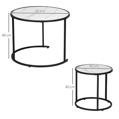 Set of 2 Stackable Round Side Tables Modern Nesting Tables with Faux Marble Top and Steel Frame Ø60x46 cm and Ø40x40 cm White