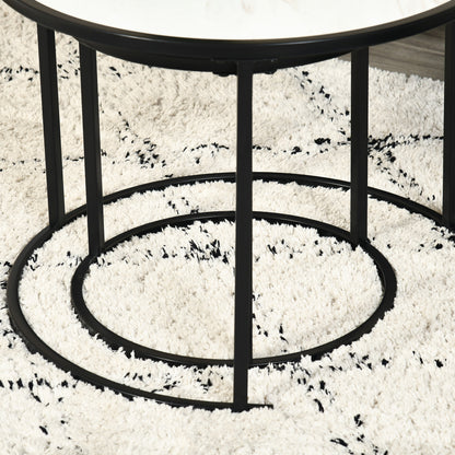 Set of 2 Stackable Round Side Tables Modern Nesting Tables with Faux Marble Top and Steel Frame Ø60x46 cm and Ø40x40 cm White
