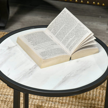 Set of 2 Stackable Round Side Tables Modern Nesting Tables with Faux Marble Top and Steel Frame Ø60x46 cm and Ø40x40 cm White