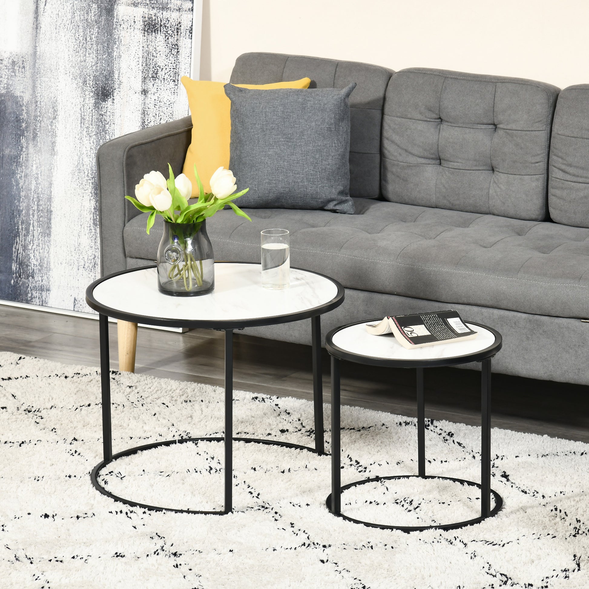 Set of 2 Stackable Round Side Tables Modern Nesting Tables with Faux Marble Top and Steel Frame Ø60x46 cm and Ø40x40 cm White