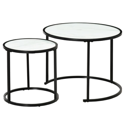 Set of 2 Stackable Round Side Tables Modern Nesting Tables with Faux Marble Top and Steel Frame Ø60x46 cm and Ø40x40 cm White