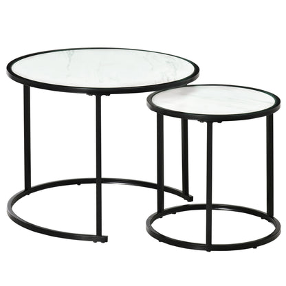 Set of 2 Stackable Round Side Tables Modern Nesting Tables with Faux Marble Top and Steel Frame Ø60x46 cm and Ø40x40 cm White