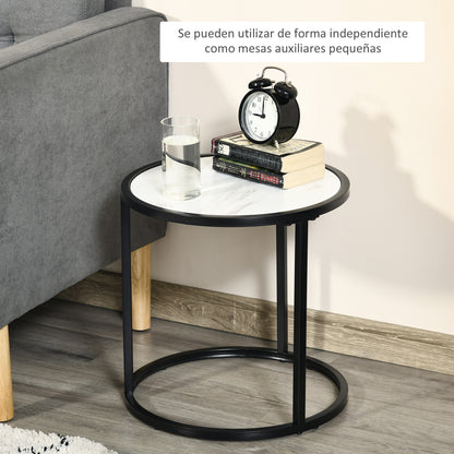 Set of 2 Stackable Round Side Tables Modern Nesting Tables with Faux Marble Top and Steel Frame Ø60x46 cm and Ø40x40 cm White