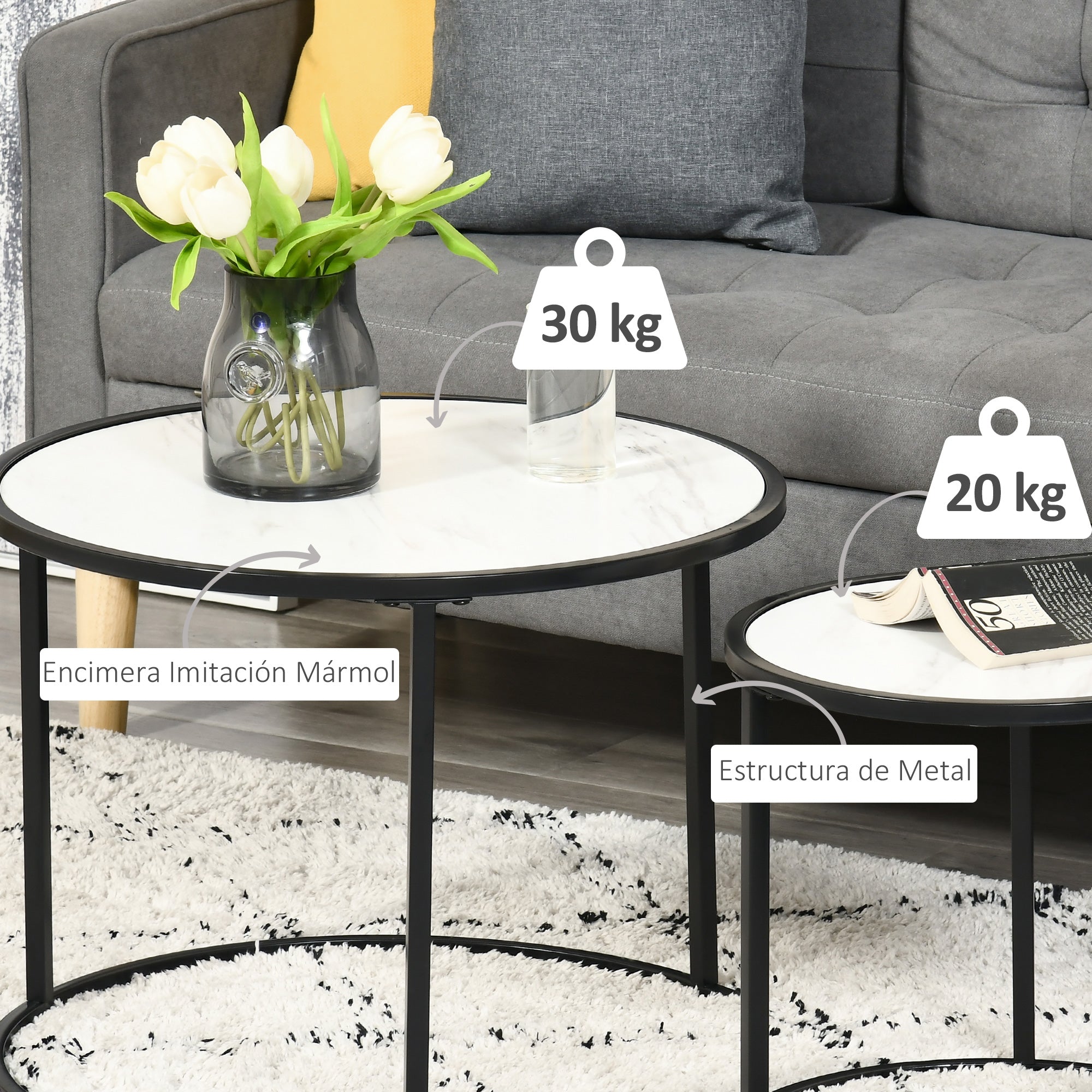 Set of 2 Stackable Round Side Tables Modern Nesting Tables with Faux Marble Top and Steel Frame Ø60x46 cm and Ø40x40 cm White