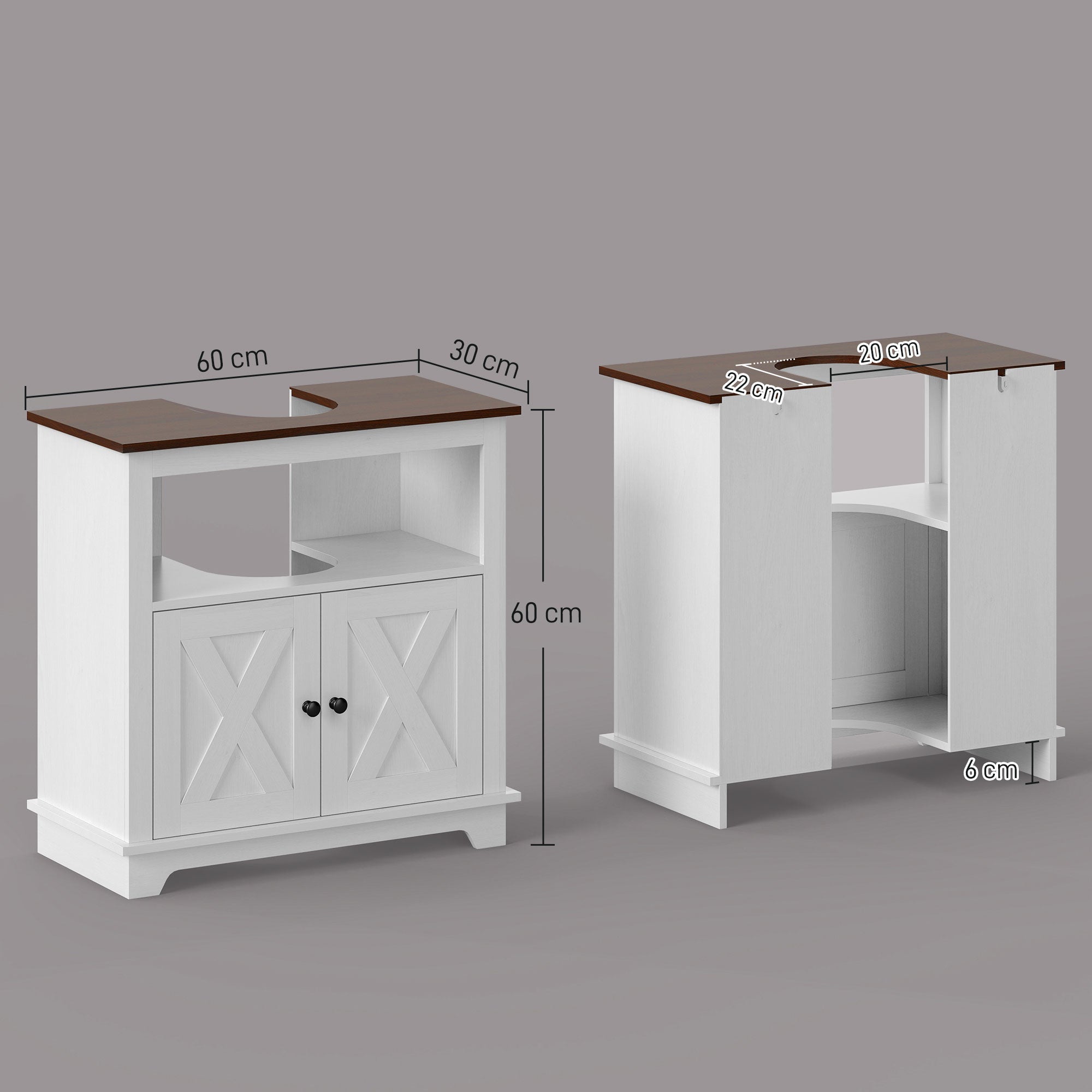 Wood Under Sink Bathroom Cabinet Floor Standing Vanity Unit with 2 Doors and Shelf 60x30x60 cm White