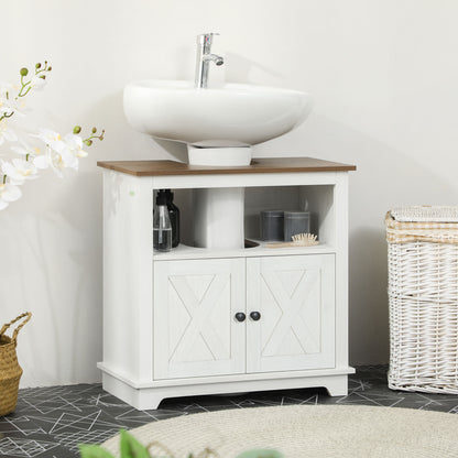 Wood Under Sink Bathroom Cabinet Floor Standing Vanity Unit with 2 Doors and Shelf 60x30x60 cm White